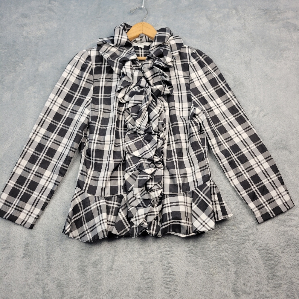 Boston Proper Womens Blouse Size 10 Peplum Hidden Button Up Black White Ruffle